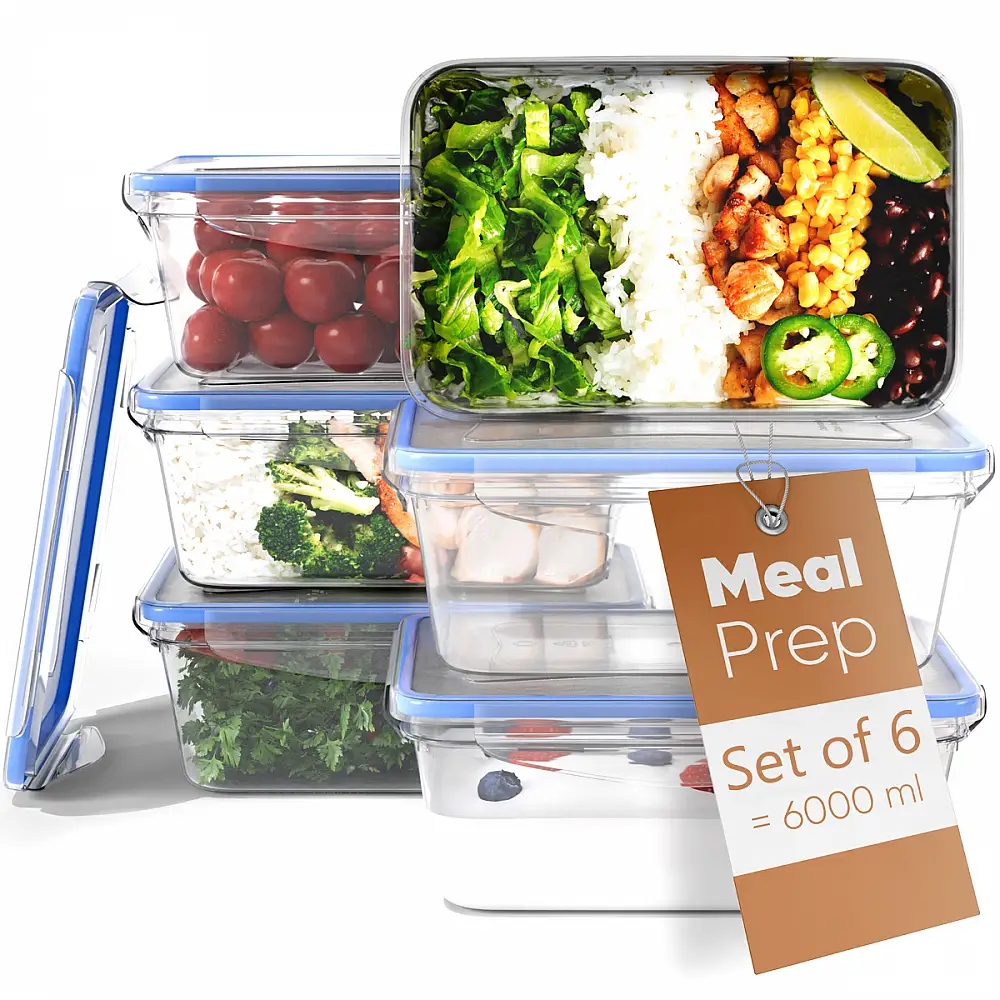Σετ 6 Πλαστικά Δοχεία Φαγητού 1L με Καπάκια 19.5 x 7.6 x 13cm - Διάφανο/Μπλε C-FHD4023K CLASSBACH