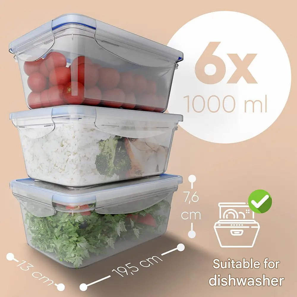 Σετ 6 Πλαστικά Δοχεία Φαγητού 1L με Καπάκια 19.5 x 7.6 x 13cm - Διάφανο/Μπλε C-FHD4023K CLASSBACH