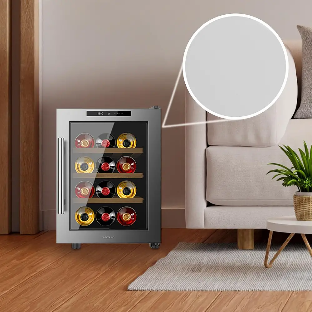 Cecotec Συντηρητής Κρασιών Bolero GrandSommelier 1255 CoolWood, Χωρητικότητα 12 Φιάλες, Αθόρυβο 35dB, Θερμοκρασία 8-18ºC, Υγρασία 50%-80%, Ξύλινα Ράφια, Αφή, Κατηγορία Ε, Φωτισμός LED, Ανοξείδωτο Ατσάλι CEC-109980