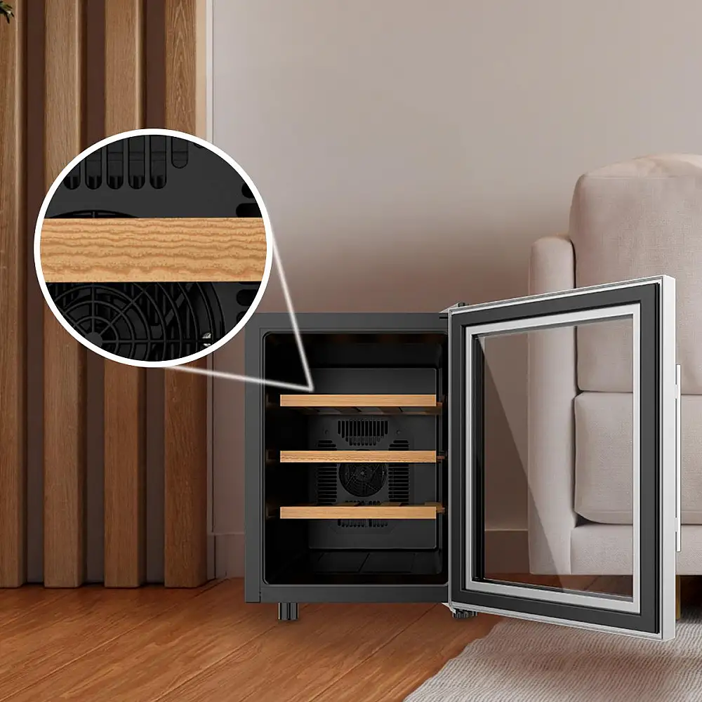 Cecotec Συντηρητής Κρασιών Bolero GrandSommelier 1255 CoolWood, Χωρητικότητα 12 Φιάλες, Αθόρυβο 35dB, Θερμοκρασία 8-18ºC, Υγρασία 50%-80%, Ξύλινα Ράφια, Αφή, Κατηγορία Ε, Φωτισμός LED, Ανοξείδωτο Ατσάλι CEC-109980