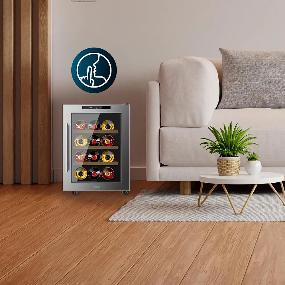 Cecotec Συντηρητής Κρασιών Bolero GrandSommelier 1255 CoolWood, Χωρητικότητα 12 Φιάλες, Αθόρυβο 35dB, Θερμοκρασία 8-18ºC, Υγρασία 50%-80%, Ξύλινα Ράφια, Αφή, Κατηγορία Ε, Φωτισμός LED, Ανοξείδωτο Ατσάλι CEC-109980