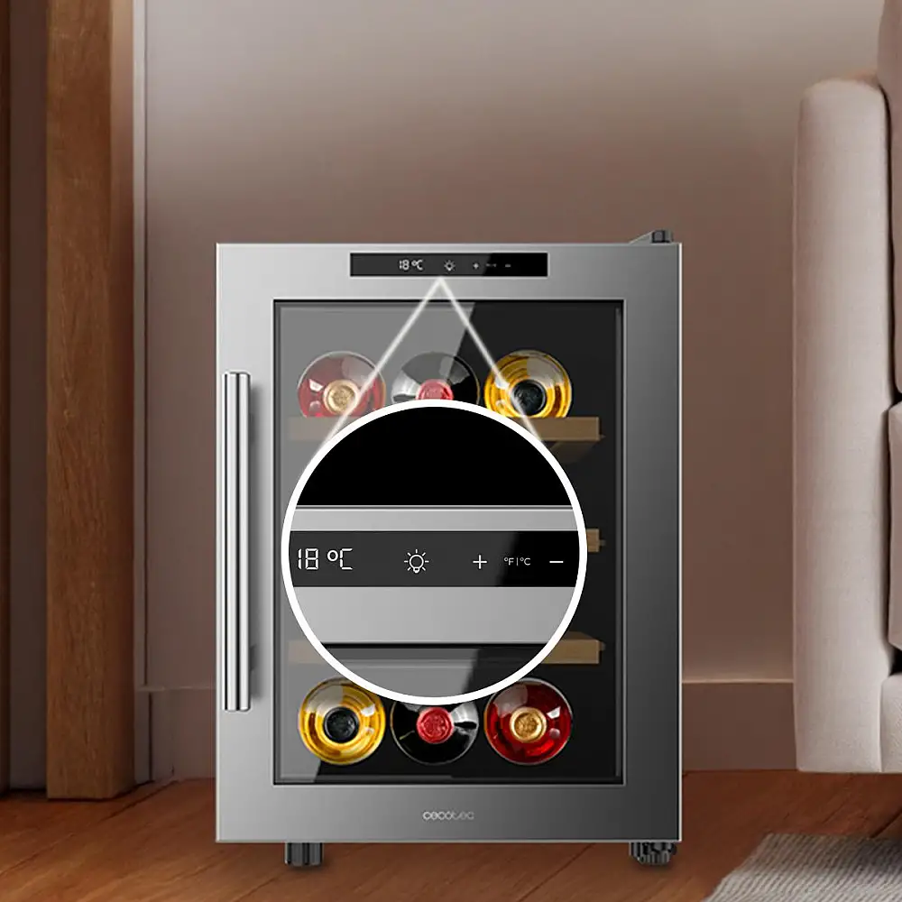 Cecotec Συντηρητής Κρασιών Bolero GrandSommelier 1255 CoolWood, Χωρητικότητα 12 Φιάλες, Αθόρυβο 35dB, Θερμοκρασία 8-18ºC, Υγρασία 50%-80%, Ξύλινα Ράφια, Αφή, Κατηγορία Ε, Φωτισμός LED, Ανοξείδωτο Ατσάλι CEC-109980