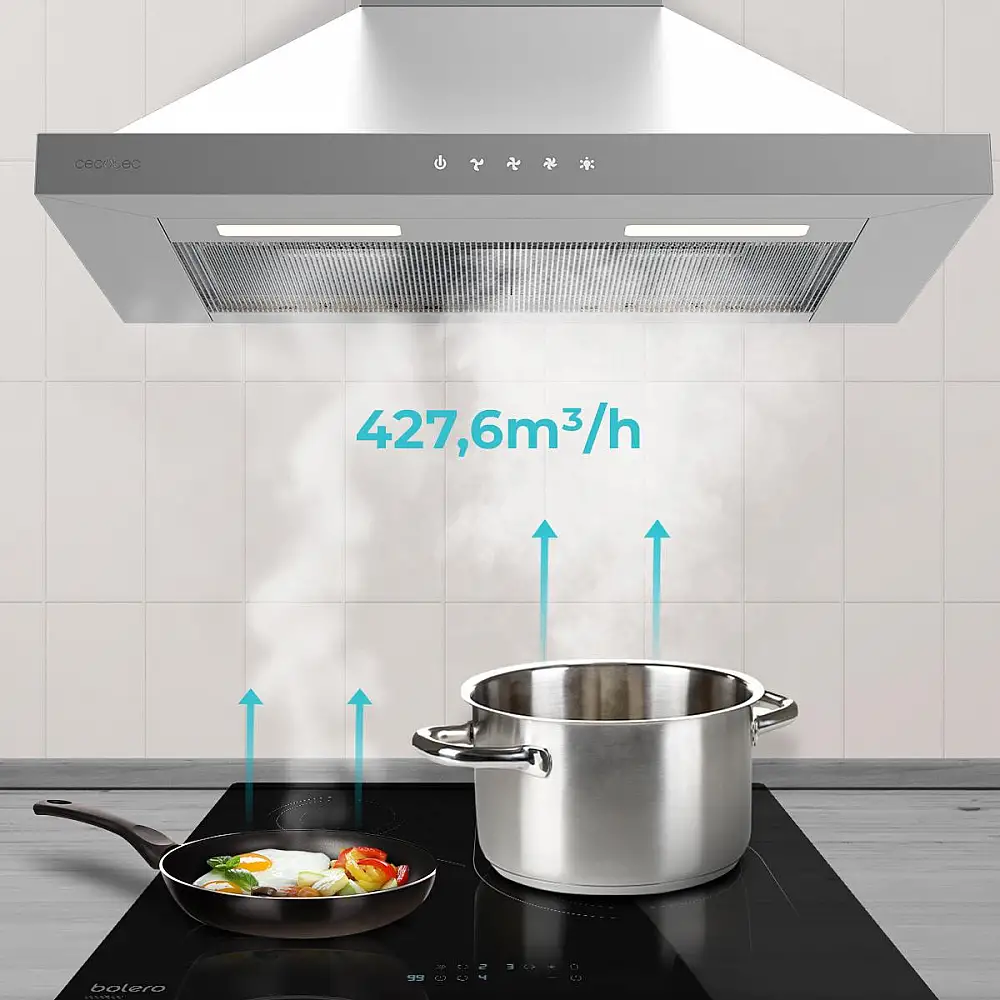 Cecotec Απορροφητήρας Bolero Flux PT 604000 Inox A+++ Πυραμίδα 60cm, 427,6m3/h, 3 ταχύτητες, SS Touch Control, Ινοξ Φινίρισμα, Ενεργειακή Κλάση A+++, DC Μοτέρ, Led Φωτισμός, Αλουμίνιο & Φίλτρα Άνθρακα CEC-110296