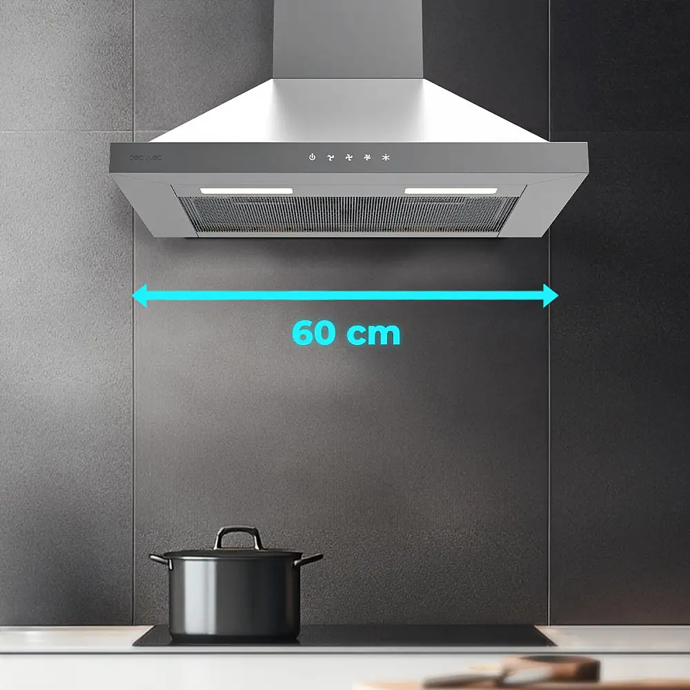 Cecotec Απορροφητήρας Bolero Flux PT 604000 Inox A+++ Πυραμίδα 60cm, 427,6m3/h, 3 ταχύτητες, SS Touch Control, Ινοξ Φινίρισμα, Ενεργειακή Κλάση A+++, DC Μοτέρ, Led Φωτισμός, Αλουμίνιο & Φίλτρα Άνθρακα CEC-110296