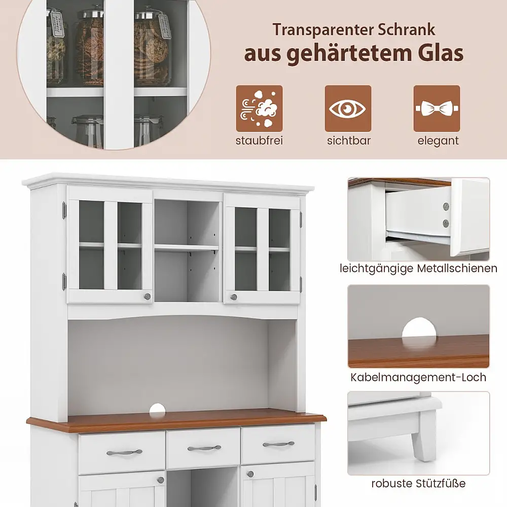 Ντουλάπα Κουζίνας με 3 Συρτάρια & Ράφι Κρασιών & Ανοιχτά Ράφια & Πάγκο Μπουφέ 106 x 41,5 x 184,5cm Λευκό HW64504WH+ Costway