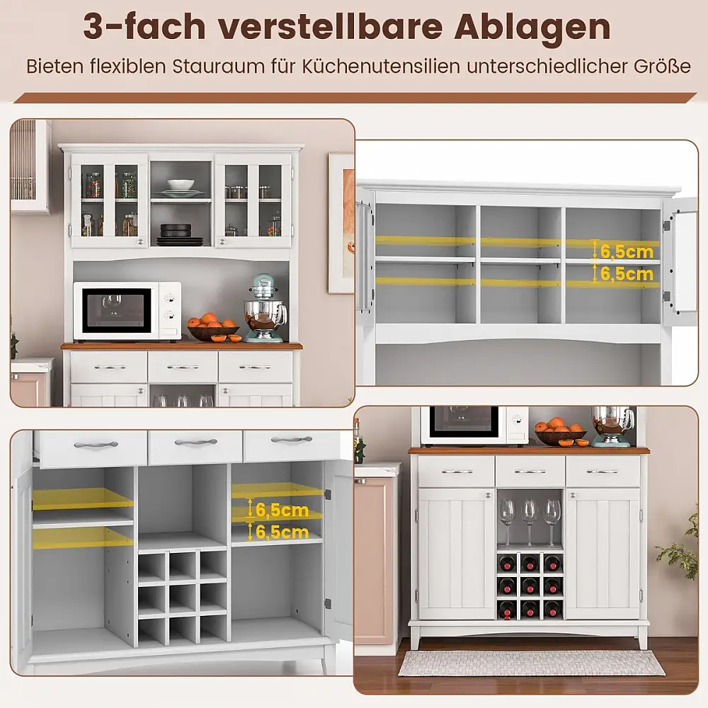 Ντουλάπα Κουζίνας με 3 Συρτάρια & Ράφι Κρασιών & Ανοιχτά Ράφια & Πάγκο Μπουφέ 106 x 41,5 x 184,5cm Λευκό HW64504WH+ Costway