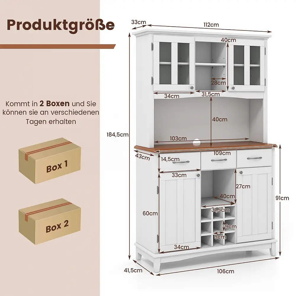 Ντουλάπα Κουζίνας με 3 Συρτάρια & Ράφι Κρασιών & Ανοιχτά Ράφια & Πάγκο Μπουφέ 106 x 41,5 x 184,5cm Λευκό HW64504WH+ Costway