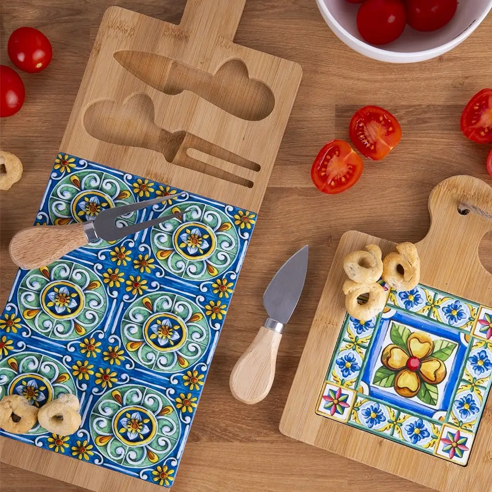 Galileo Σετ ξύλινη πιατέλα και 2 μαχαίρια τυριού από μπαμπού με μεσογειακή διακόσμηση 15x42cm Sibilla 5919444