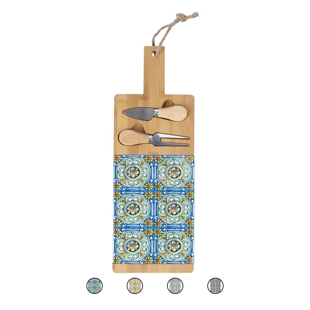 Galileo Σετ ξύλινη πιατέλα και 2 μαχαίρια τυριού από μπαμπού με μεσογειακή διακόσμηση 15x42cm Sibilla 5919444
