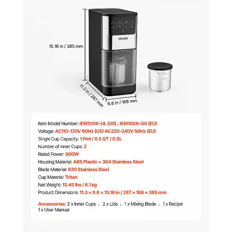 VEVOR Μηχανή Παρασκευής Παγωτού 800W, 7 σε 1 για Τζελάτο, Σορμπέ, Μιλκσέικ, Παγωμένο Γιαούρτι και Ελαφρύ Παγωτό JYLDSBQLJ05QPECHI001V2
