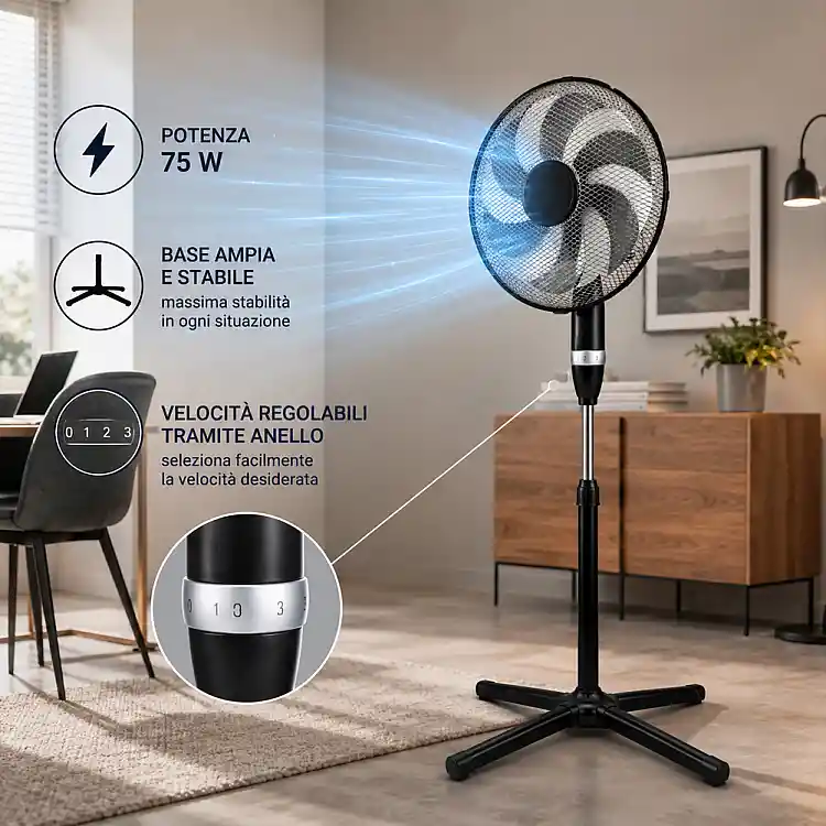 BAKAJI Ανεμιστήρας Δαπέδου 75W με 6 Πτερύγια, 40cm και 3 Ταχύτητες 02002312