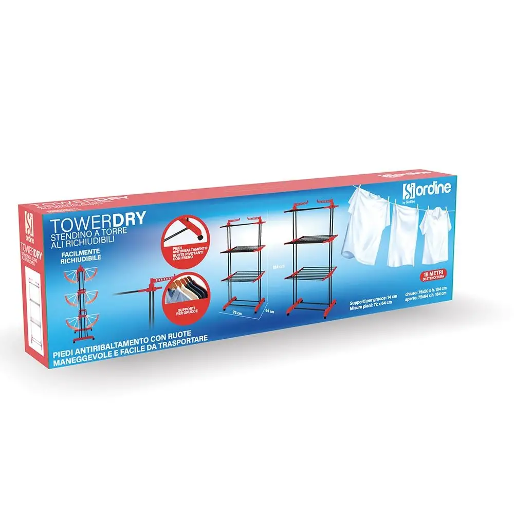 Galileo Μεταλλική πύργος απλώστρα με αναδιπλούμενα φτερά και ρόδες ύψους 184 cm Towerdry Sordine 5913796
