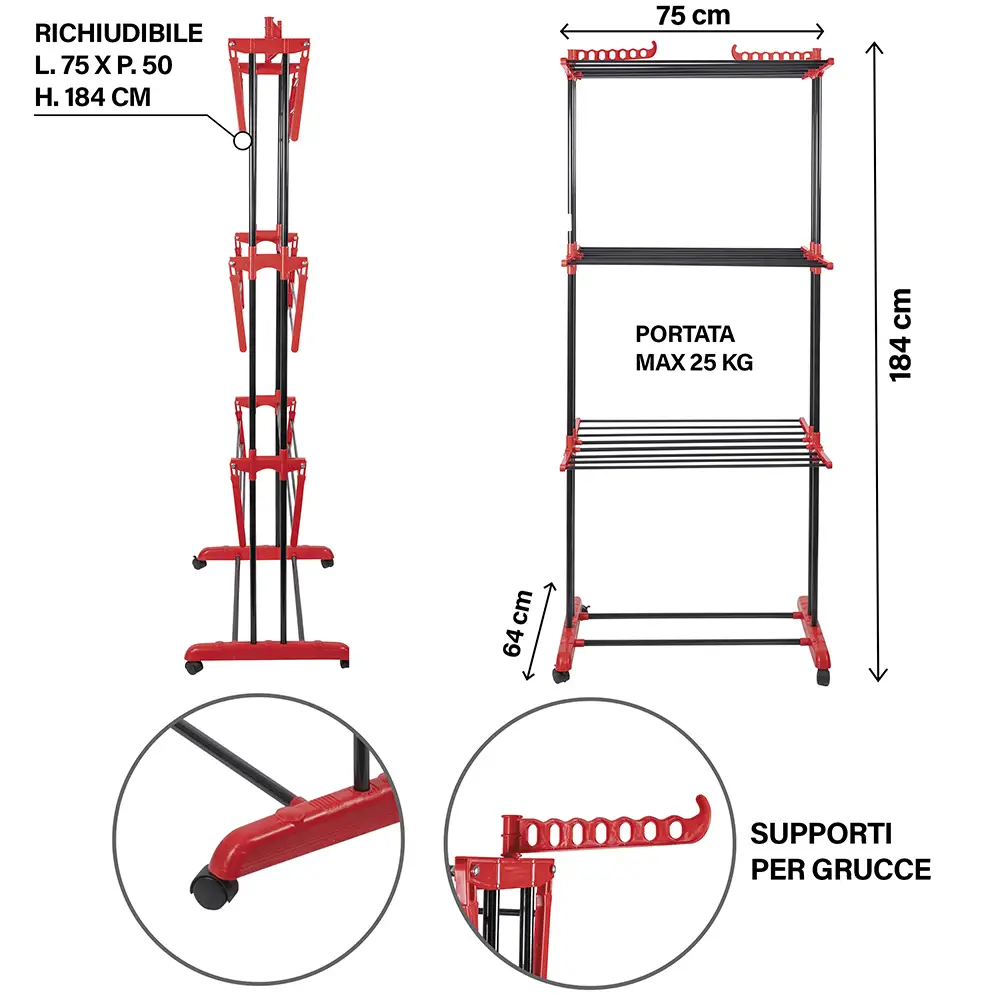 Galileo Μεταλλική πύργος απλώστρα με αναδιπλούμενα φτερά και ρόδες ύψους 184 cm Towerdry Sordine 5913796
