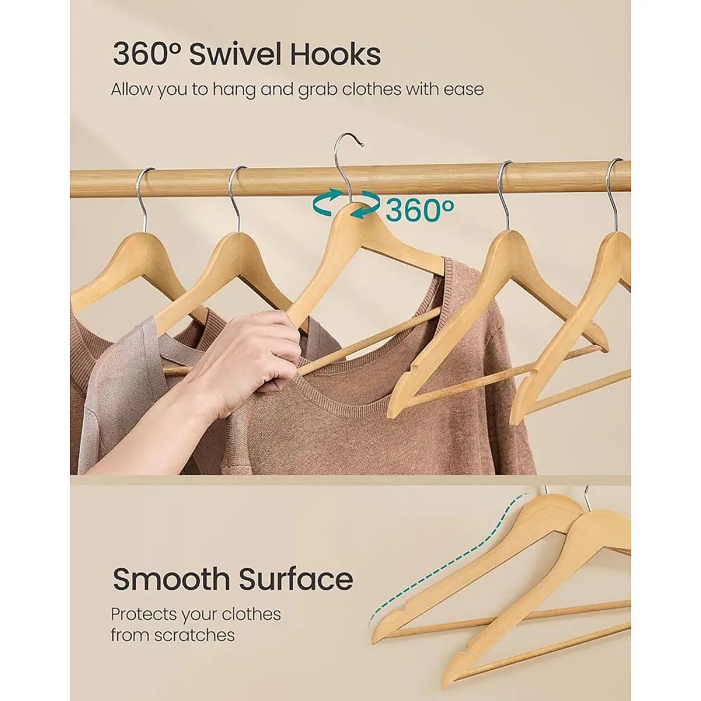 SONGMICS Σετ 30 τμχ Ξύλινες Κρεμάστρες από Μασίφ Ξύλο Σημύδας, Φυσικό Μπεζ CRW030K01