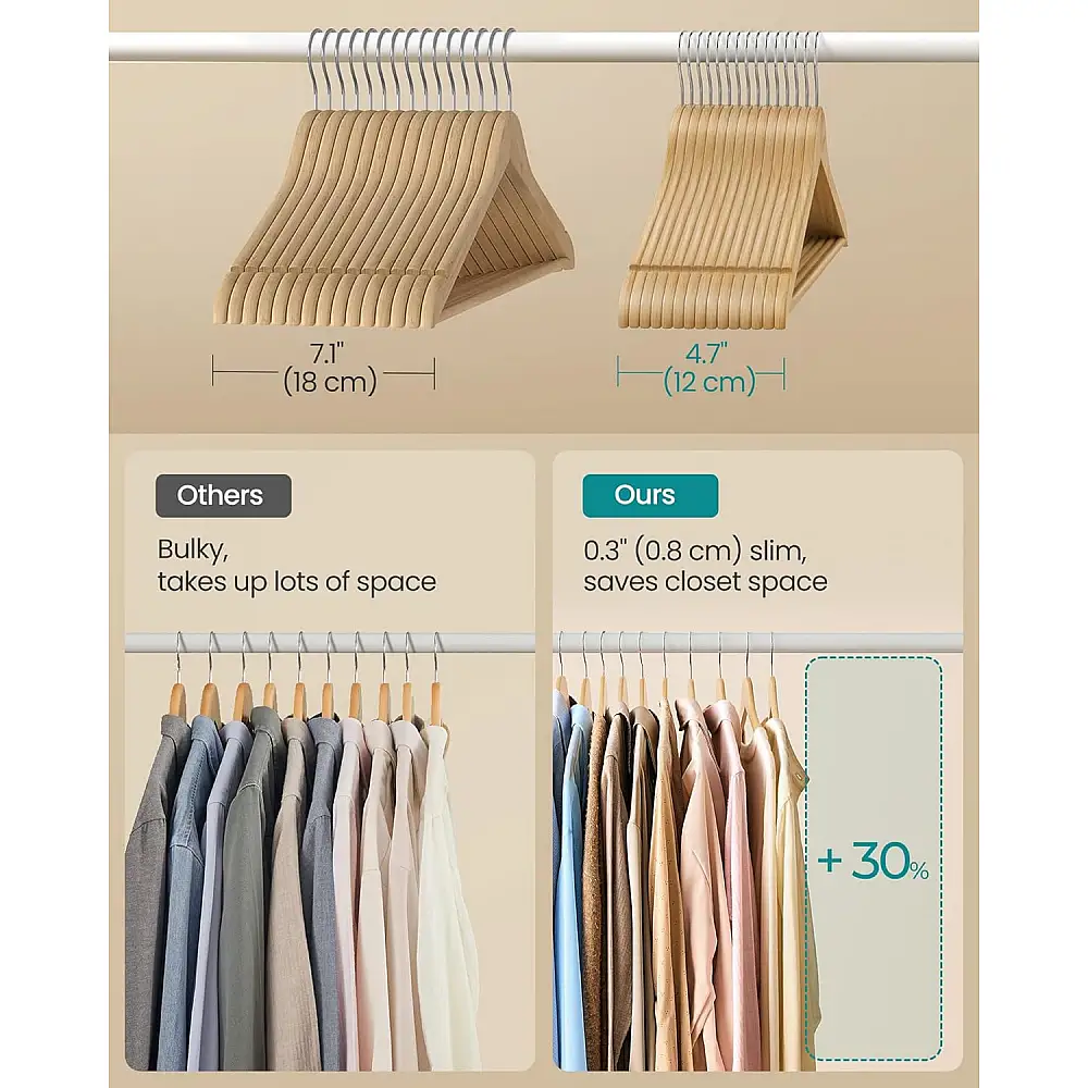 SONGMICS Σετ 30 τμχ Ξύλινες Κρεμάστρες από Μασίφ Ξύλο Σημύδας, Φυσικό Μπεζ CRW030K01