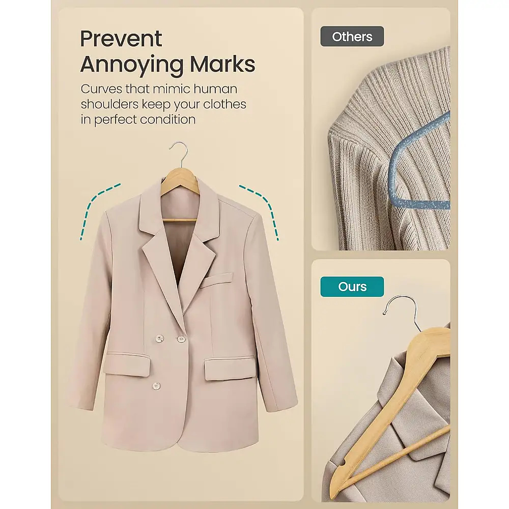 SONGMICS Σετ 30 τμχ Ξύλινες Κρεμάστρες από Μασίφ Ξύλο Σημύδας, Φυσικό Μπεζ CRW030K01