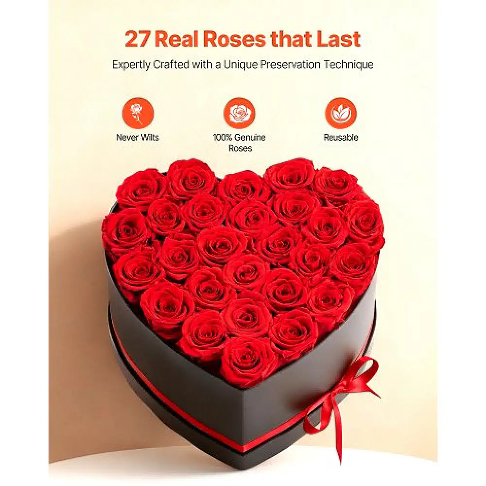 VEVOR Αιώνια Τριαντάφυλλα: 27 Διατηρημένα Τριαντάφυλλα σε Σχήμα Καρδιάς – Ιδανικό Δώρο για Γυναίκες στις Επετείους, Ημέρα του Αγίου Βαλεντίνου, Χριστούγεννα. YSHLHK27DHSXNUD9H001V0