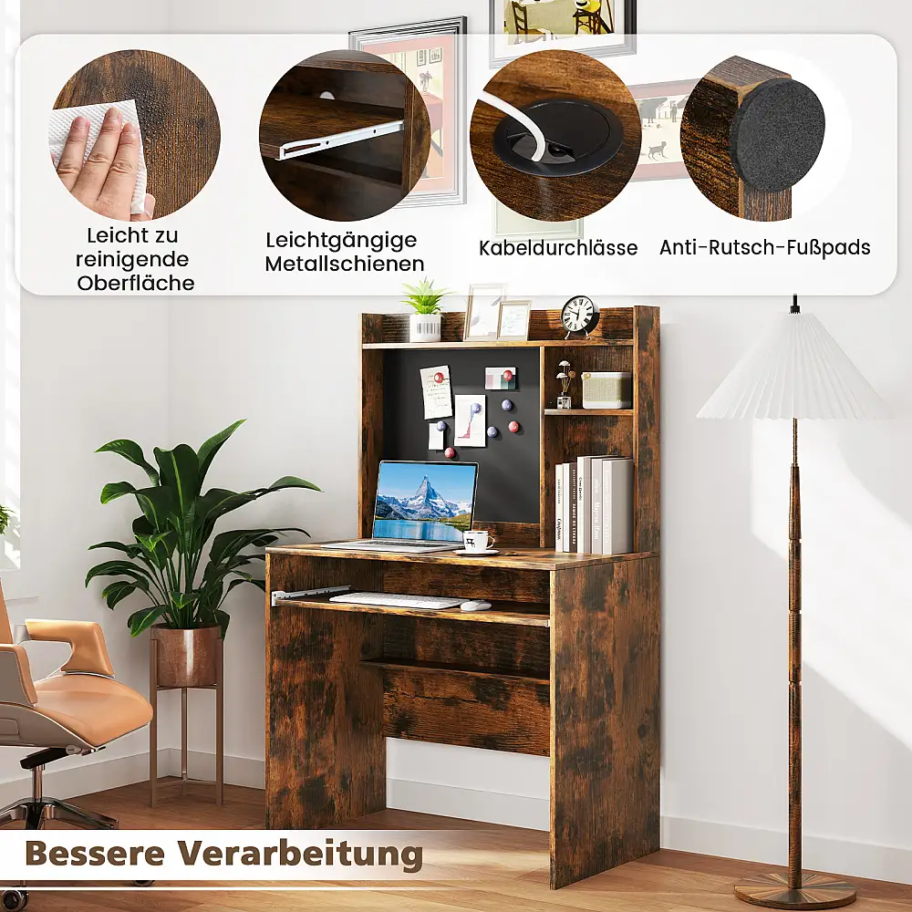 Costway Γραφείο Υπολογιστή με Μαγνητικό Πίνακα για το Σπίτι, με Ράφι και Θήκη Πληκτρολογίου, Καφέ CB10810CF