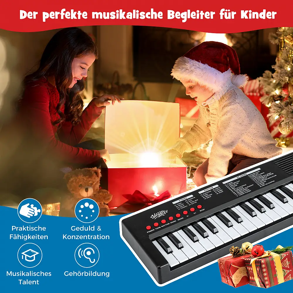 Costway Παιδικό Πιάνο Κλαβιέ 37 Πλήκτρων Φορητό Ηλεκτρονικό Πιάνο με 8 Ρυθμούς, 8 Ηχοχρώματα & 22 Δείγματα - Μαύρο MU10135DK