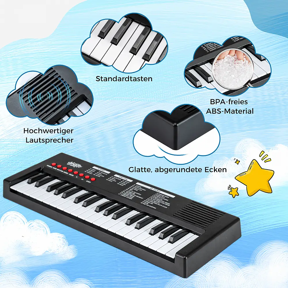 Costway Παιδικό Πιάνο Κλαβιέ 37 Πλήκτρων Φορητό Ηλεκτρονικό Πιάνο με 8 Ρυθμούς, 8 Ηχοχρώματα & 22 Δείγματα - Μαύρο MU10135DK