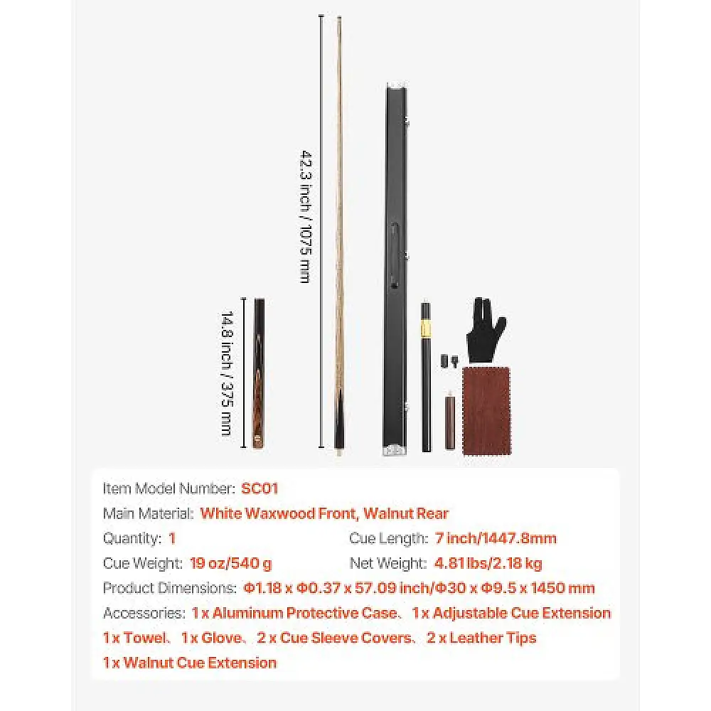 VEVOR Επαγγελματική Στέκα Σνούκερ 1447,8mm με Δερμάτινη Μύτη 9,5mm & Προέκταση, Περιλαμβάνει Αλουμινένια Θήκη SNKGSNKGBLM5E09I0001V0