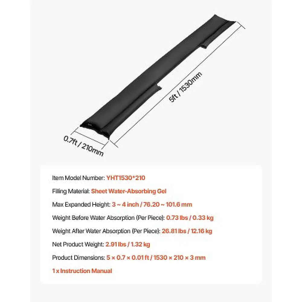 VEVOR Σετ 4 Απορροφητικοί Σάκοι Πλημμυρών, 1530 x 210 χιλ., Ενεργοποιούνται με Νερό, Επαναχρησιμοποιούμενοι FHPZSJHFHT15RN7S7001V0