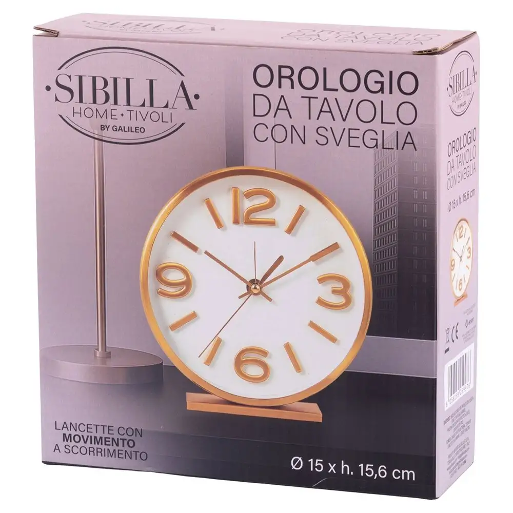 Galileo Επιτραπέζιο Στρογγυλό Ρολόι με Ξυπνητήρι 15 εκ. Μοντέρνου Ρετρό Στυλ με Χρυσή Κορνίζα και Λευκό Καντράν, Sibilla 5925997
