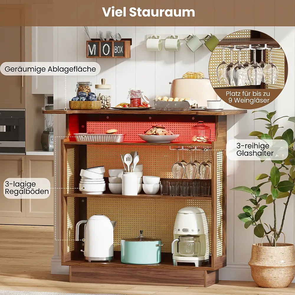 Costway Φωτιζόμενη Ραττάν Μπάρα με Θήκες Ποτηριών & Ράφια Κρασιών, RGB Φωτισμός JV13173BN