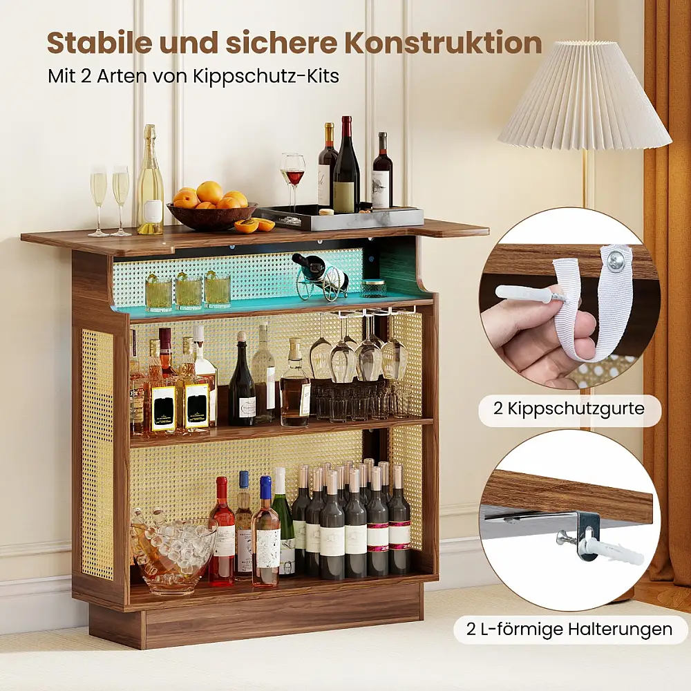 Costway Φωτιζόμενη Ραττάν Μπάρα με Θήκες Ποτηριών & Ράφια Κρασιών, RGB Φωτισμός JV13173BN