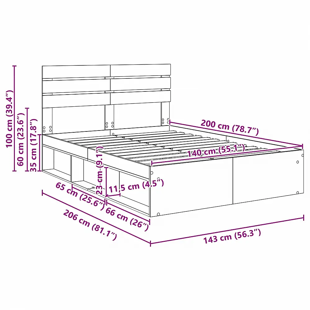 vidaXL Κρεβάτι Διπλό από Μασίφ Ξύλο Σονόμα με Τάβλες 140x200cm 3411409