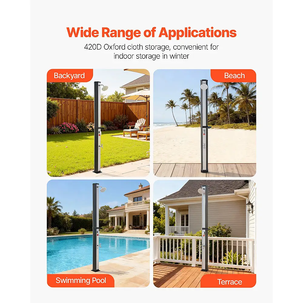 VEVOR Εξωτερικό Ντους 35L με Ηλιακή Θέρμανση & Ρυθμιζόμενη Θερμοκρασία, 195cm, Μαύρο/Ασημί TYNLYQHSYSPV49TLO001V0