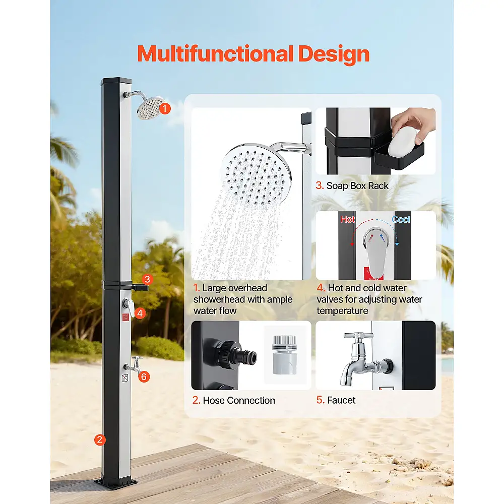 VEVOR Εξωτερικό Ντους 35L με Ηλιακή Θέρμανση & Ρυθμιζόμενη Θερμοκρασία, 195cm, Μαύρο/Ασημί TYNLYQHSYSPV49TLO001V0