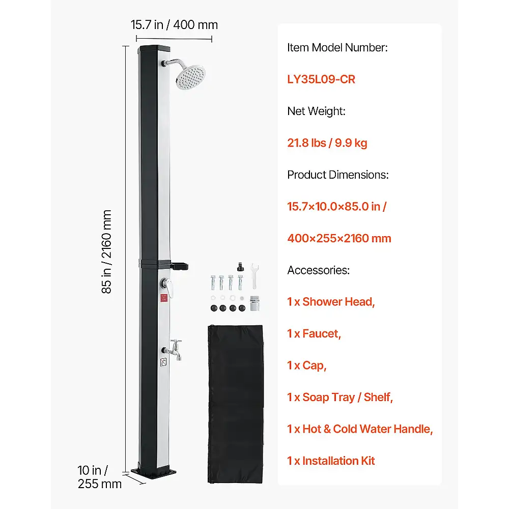 VEVOR Εξωτερικό Ντους 35L με Ηλιακή Θέρμανση & Ρυθμιζόμενη Θερμοκρασία, 195cm, Μαύρο/Ασημί TYNLYQHSYSPV49TLO001V0