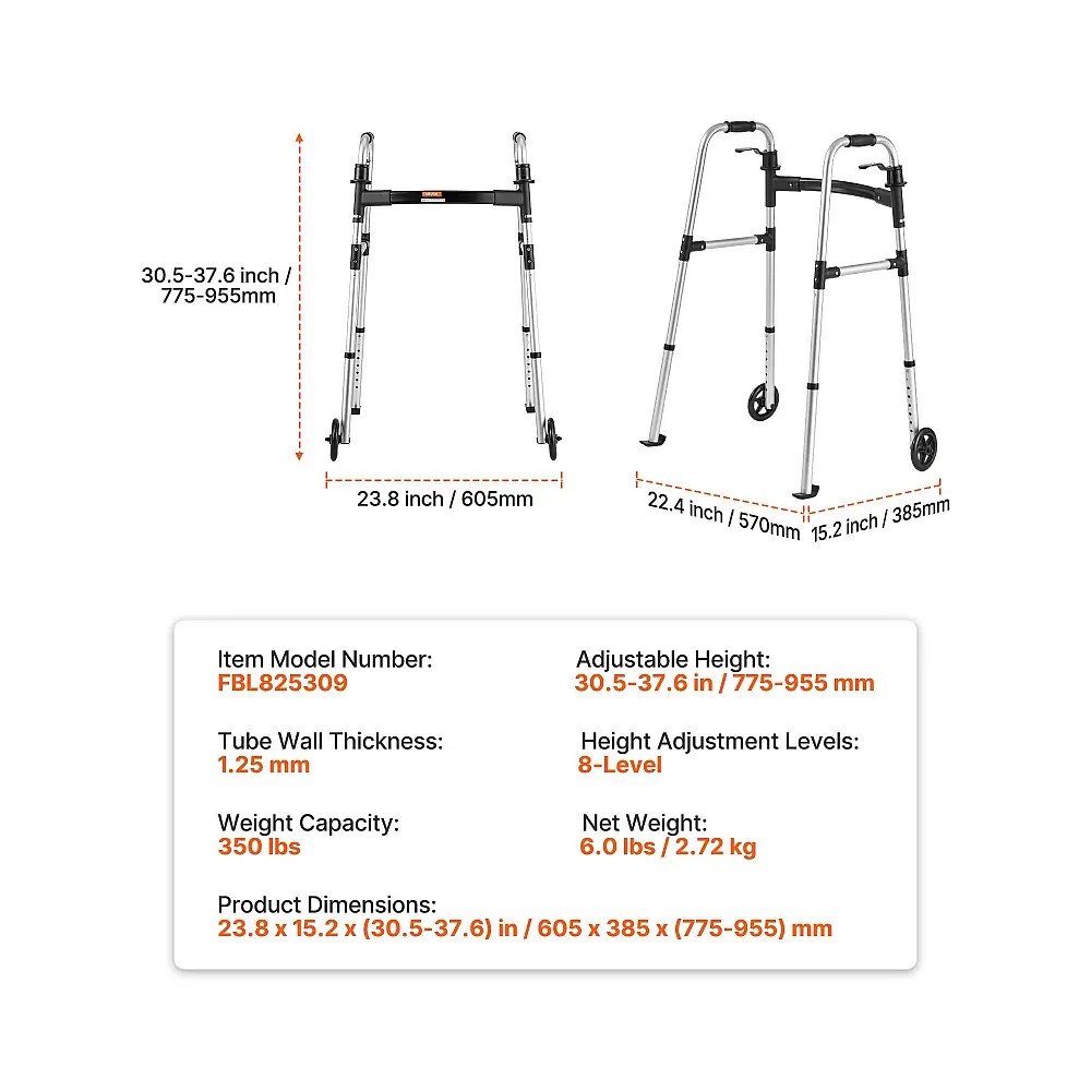 VEVOR Πτυσσόμενος Περιπατητήρας με Ρυθμιζόμενο Ύψος & Τροχούς για Ηλικιωμένους BZZXCL2L00001YWZY001V0