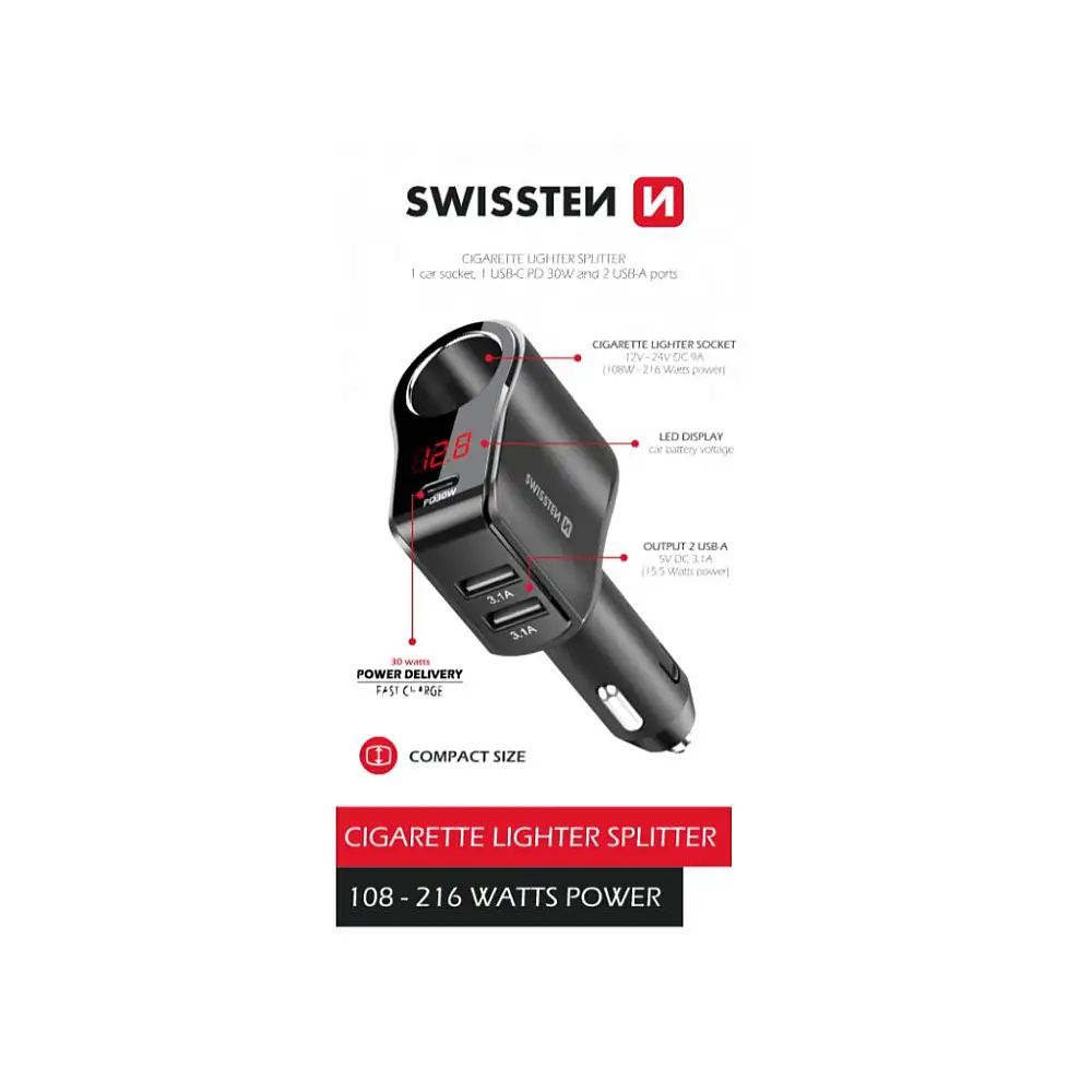 SWISSTEN Προσαρμογέας Αυτοκινήτου με 1x CL, 1x USB-C PD και 2x USB-A Έξοδο, 108W - 216W 8595217480438