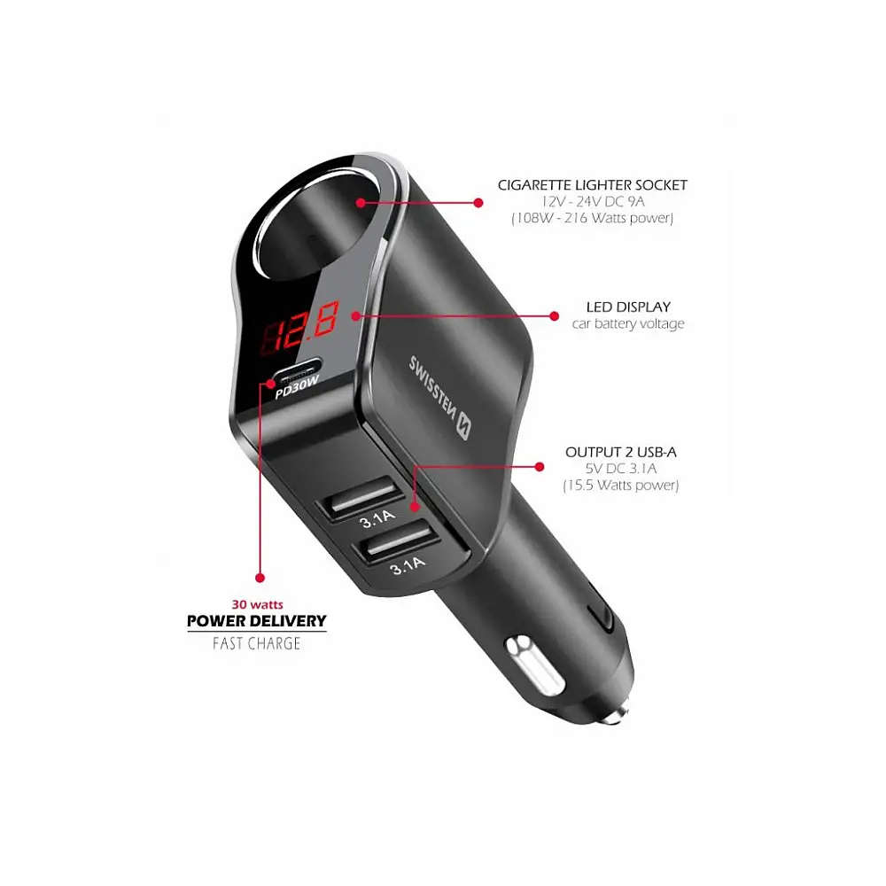 SWISSTEN Προσαρμογέας Αυτοκινήτου με 1x CL, 1x USB-C PD και 2x USB-A Έξοδο, 108W - 216W 8595217480438
