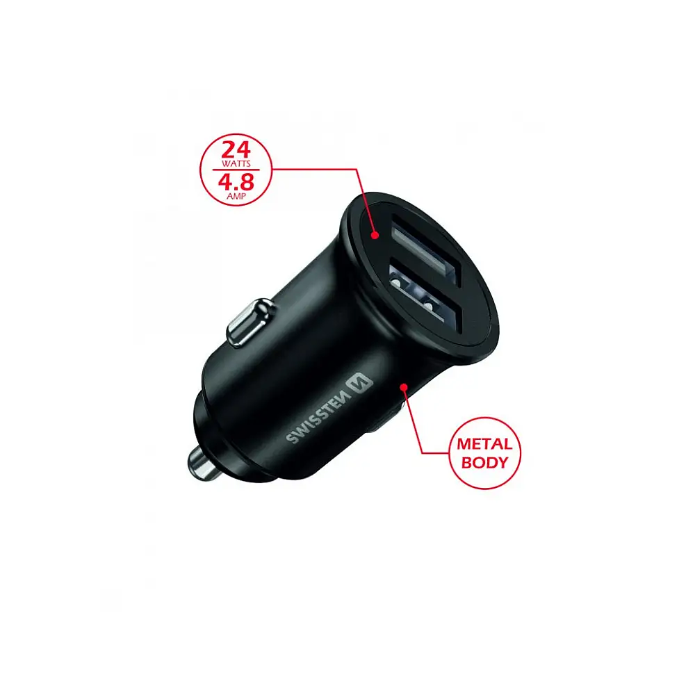 SWISSTEN Φορτιστής Αυτοκινήτου με 2 θύρες USB, 4,8 Α, Μεταλλικό Μαύρο 8595217478770
