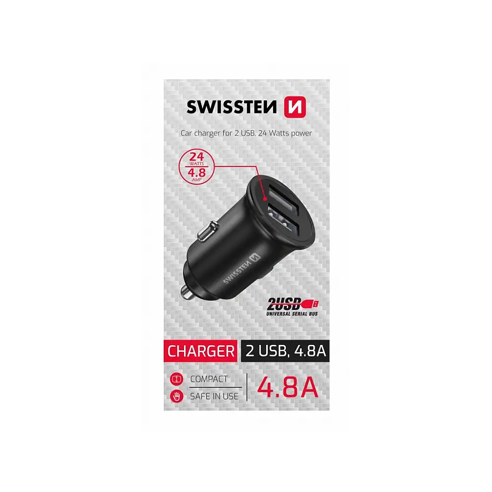SWISSTEN Φορτιστής Αυτοκινήτου με 2 θύρες USB, 4,8 Α, Μεταλλικό Μαύρο 8595217478770