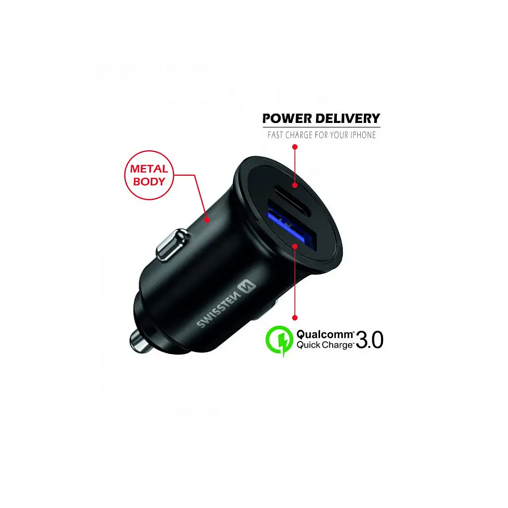 SWISSTEN Φορτιστής Power Delivery + Quick Charge, USB-C, 36W, Μεταλλικό Σώμα Μαύρο 8595217474154