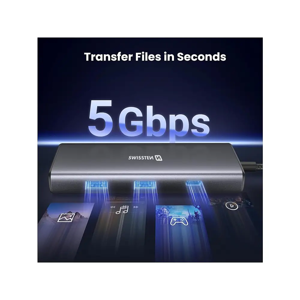 SWISSTEN USB-C Hub 8-in-1 (USB-C 100W, HDMI 4K, LAN RJ45, 2x USB-A, 1x USB-C 5Gbps, SD, MICRO SD), Αλουμινένια Κατασκευή 8595217487369