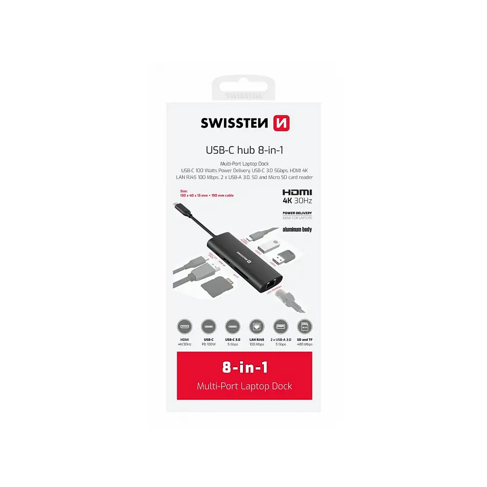 SWISSTEN USB-C Hub 8-in-1 (USB-C 100W, HDMI 4K, LAN RJ45, 2x USB-A, 1x USB-C 5Gbps, SD, MICRO SD), Αλουμινένια Κατασκευή 8595217487369