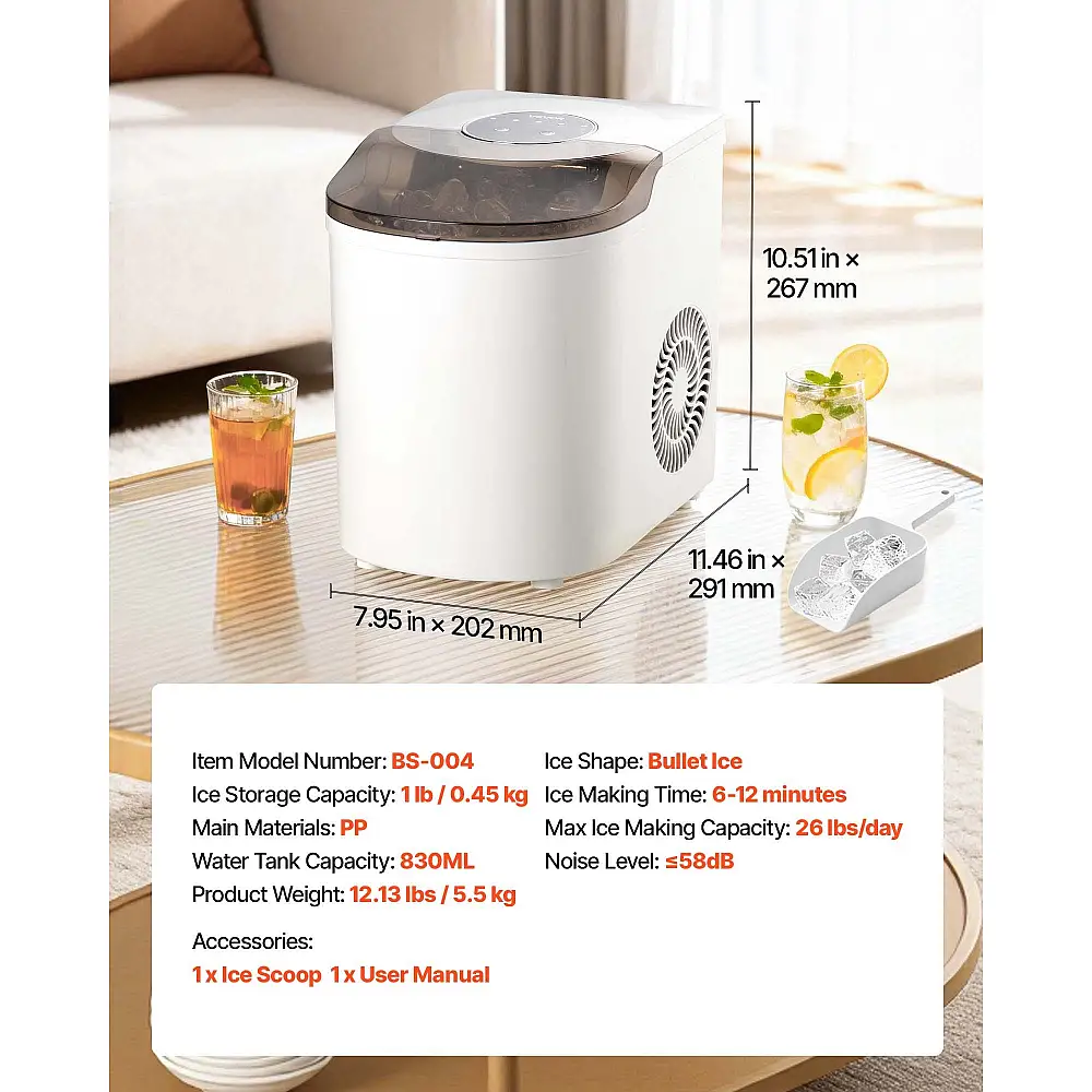 VEVOR Φορητή Μηχανή Πάγου, 7 Παγάκια σε 6 Λεπτά, 11.8 kg/Ημέρα, Αυτόματο Καθαρισμό, 2 Μεγέθη Σφαιρικών Παγετών για Σπίτι, Γραφείο, Μπαρ & Πάρτι TMSZBJZDB26LUMWNQ001V2