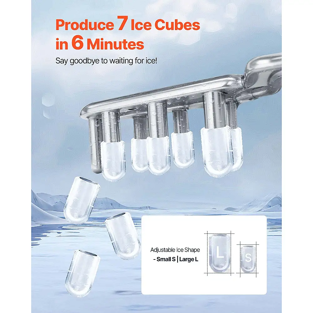 VEVOR Φορητή Μηχανή Πάγου, 7 Παγάκια σε 6 Λεπτά, 11.8 kg/Ημέρα, Αυτόματο Καθαρισμό, 2 Μεγέθη Σφαιρικών Παγετών για Σπίτι, Γραφείο, Μπαρ & Πάρτι TMSZBJZDB26LUMWNQ001V2