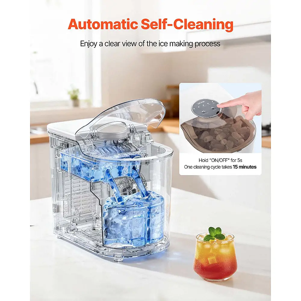 VEVOR Φορητή Μηχανή Πάγου, 7 Παγάκια σε 6 Λεπτά, 11.8 kg/Ημέρα, Αυτόματο Καθαρισμό, 2 Μεγέθη Σφαιρικών Παγετών για Σπίτι, Γραφείο, Μπαρ & Πάρτι TMSZBJZDB26LUMWNQ001V2