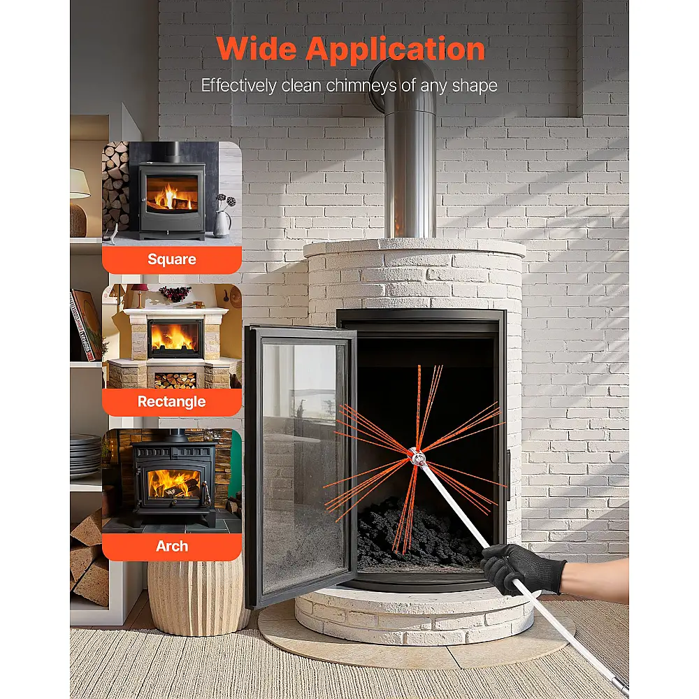 VEVOR Σετ Σαρώθησης Καμινάδας: Πτυσσόμενη Βούρτσα 10m με Ανταλλακτικά Τρίχες & Γυαλιά για Καθαρισμό Τζακιού 90° YCSQSTJ33YC1YSC71001V0