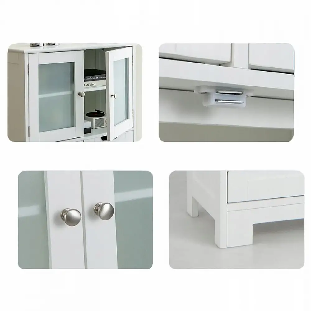 Costway Λευκός Μπουφές Κουζίνας & Μπάνιου 60 x 30 x 128 cm με Γυάλινη Βιτρίνα JV12668WH