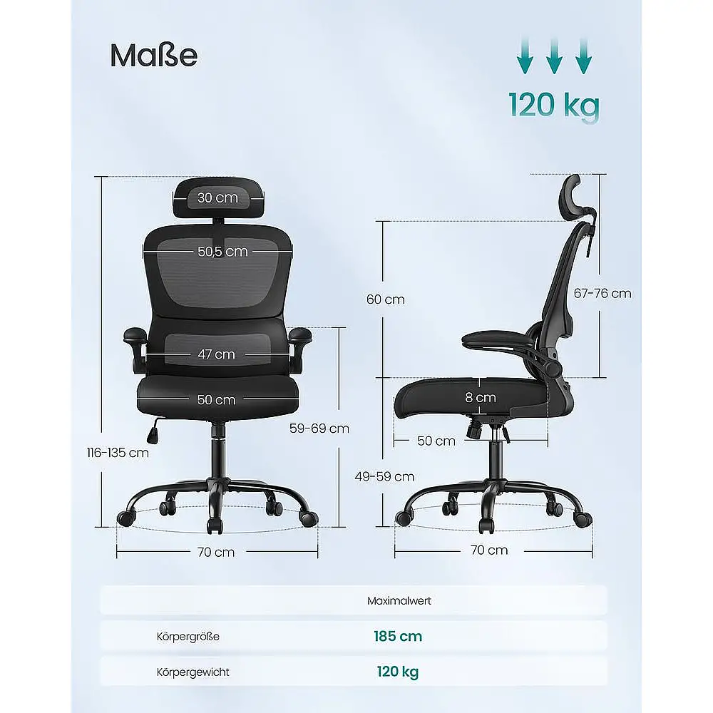 SONGMICS Εργονομική Καρέκλα Γραφείου με Πλέγμα και Αναδιπλούμενα Μπράτσα OBN041B01