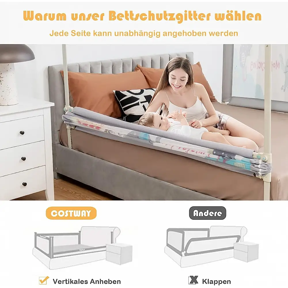 Costway Παιδικό Προστατευτικό Κάγκελο Κρεβατιού ρυθμιζόμενο στα 24 επίπεδα - Γκρι 175 εκ. BS10060GR