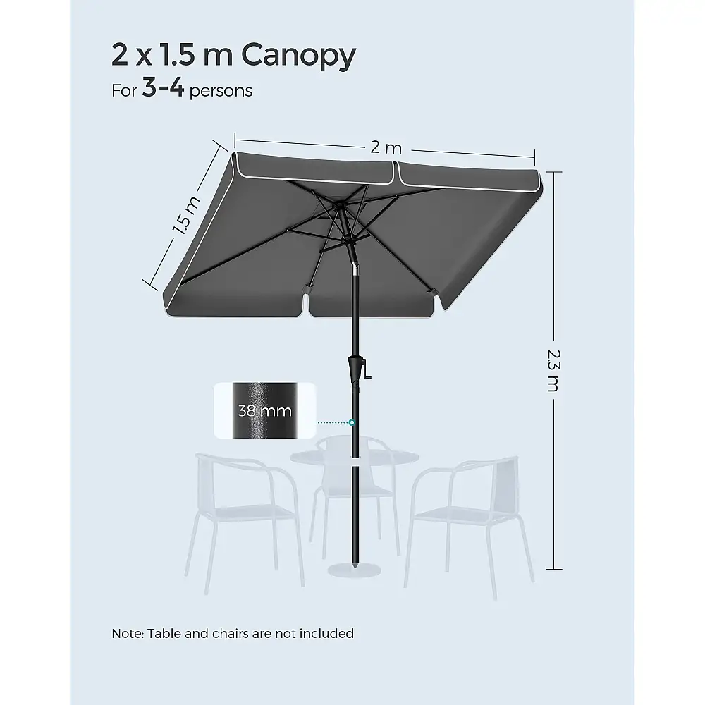 SONGMICS Ορθογώνια Ομπρέλα Περβόλου UPF 50+ με Διπλή Κλίση,, Γκρι, 200x150x230cm GPU048G01