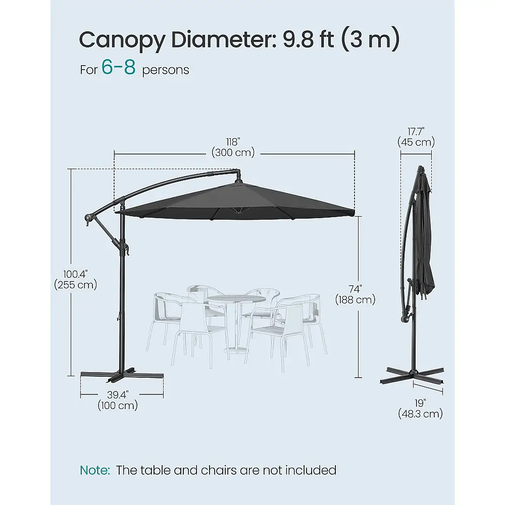 SONGMICS Κρεμαστή Ομπρέλα Κήπου 3m με Βάση, Γκρι , φ300×245cm GPU116G01V1